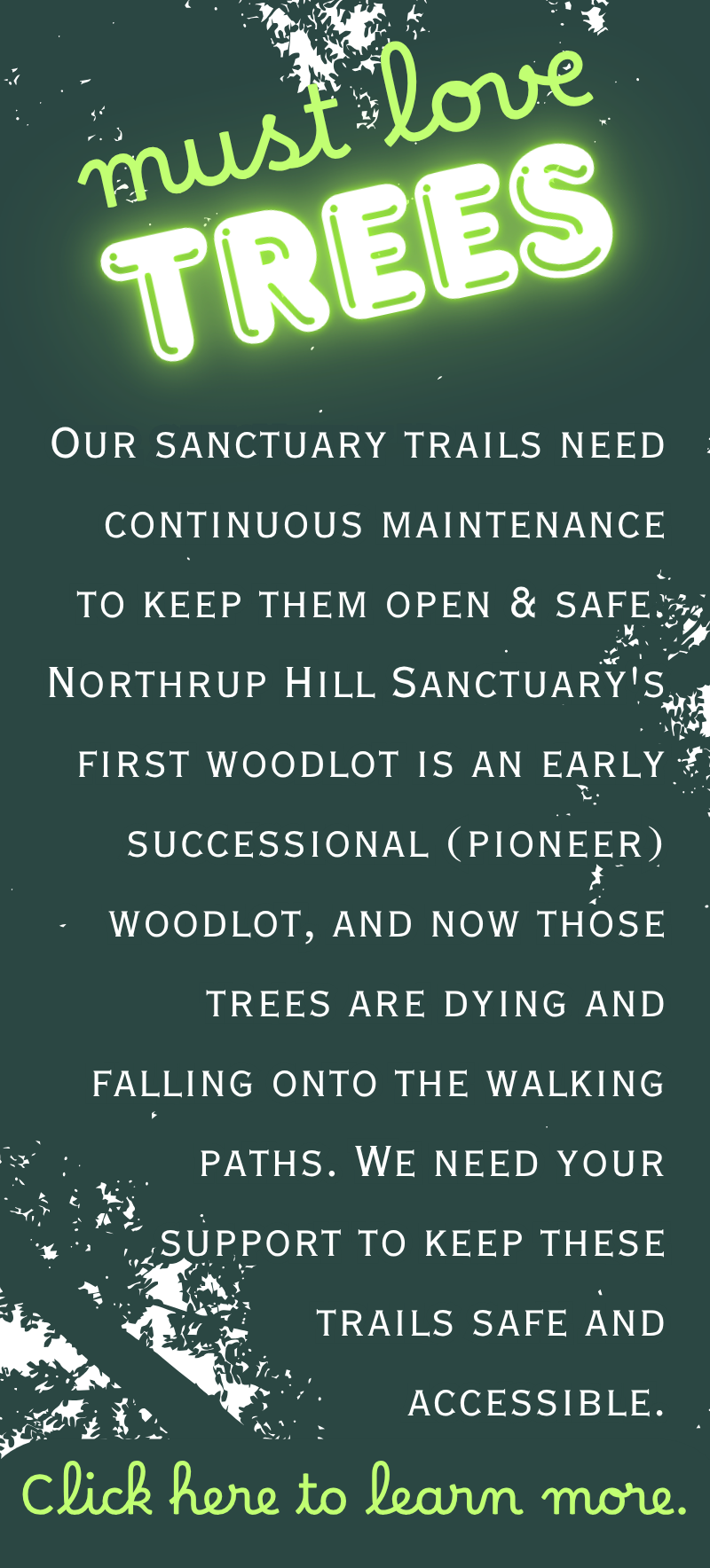Plea for donations in order to keep Northrup Sanctuary trails safe and open to the public. Click on the image to go to another page for more information.